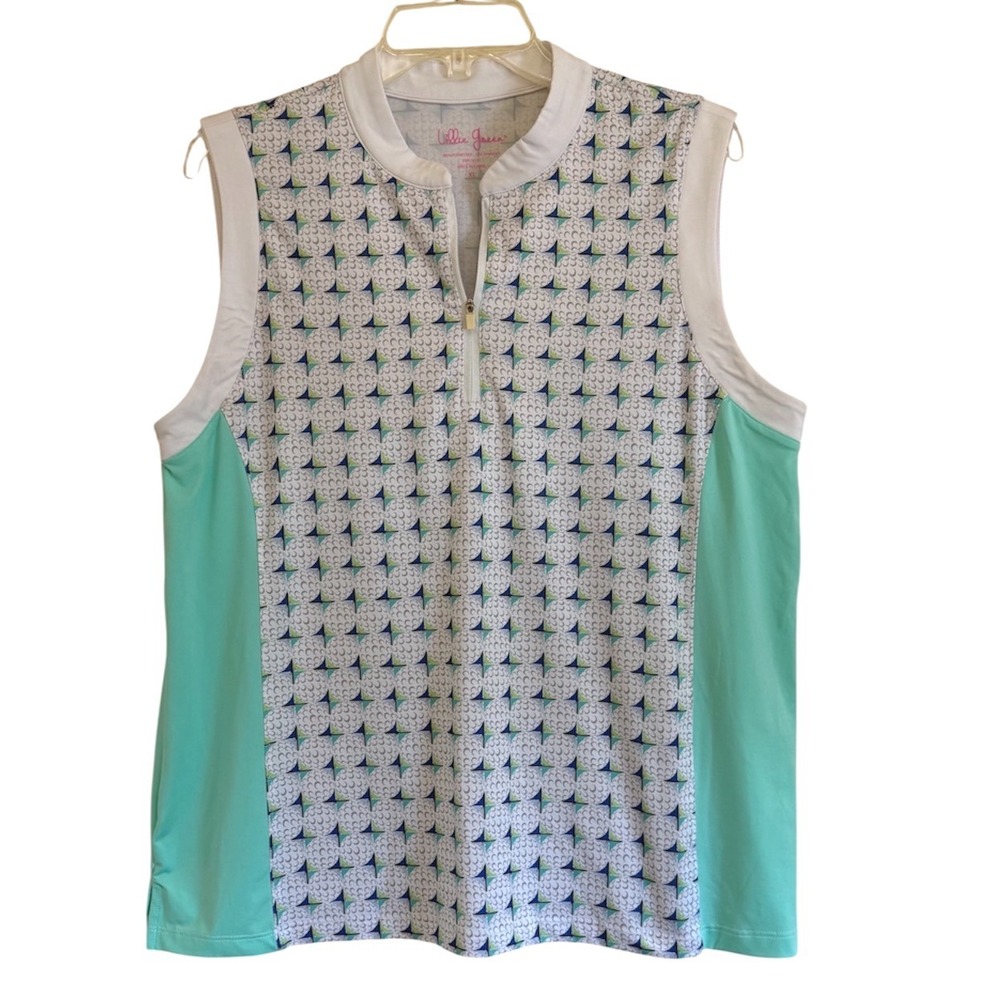 Lillie Green Womens XL Sleeveless Golf Polo Shirt Quarter Zip Teal Geometric